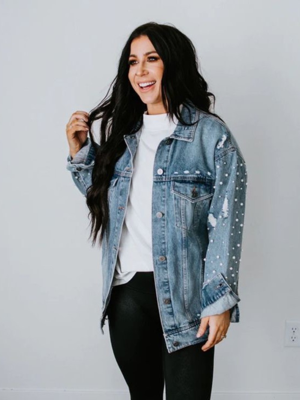 Women's Light Blue Pearl-Accent Denim Jacket